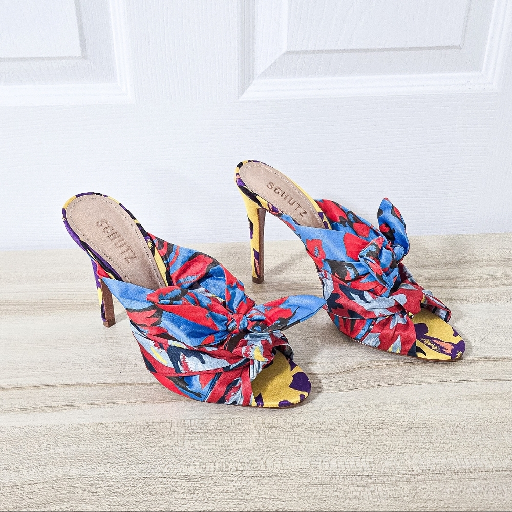 Schutz X Adriana Lima Floral Satin Twist Knot Mule Sandals Size 8 - Picture 2 of 10